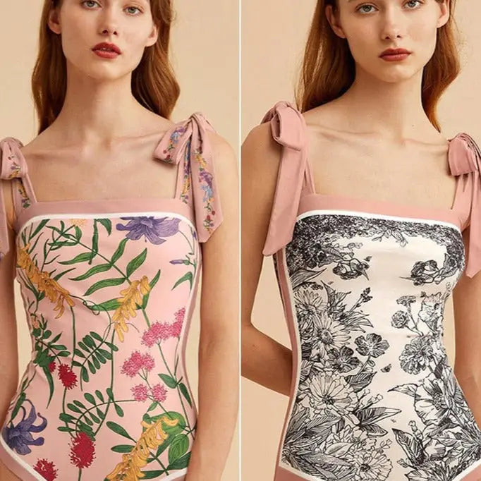 One Piece High Cut Flowers Monokini Swimsuit Rose / S