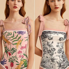 One Piece High Cut Flowers Monokini Swimsuit Rose / S