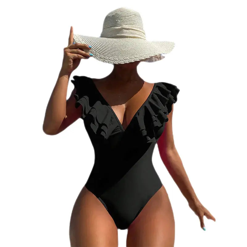 One Piece Ruffled V Neck Swimwear for Women Black / S