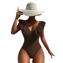 One Piece Ruffled V Neck Swimwear for Women Brown / S