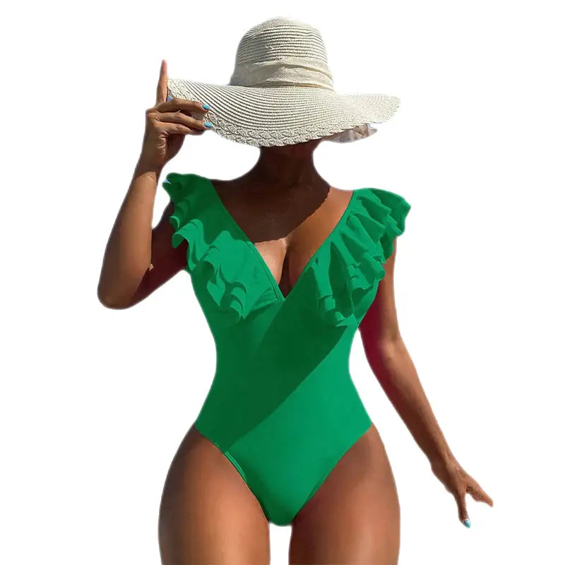 One Piece Ruffled V Neck Swimwear for Women Green / S