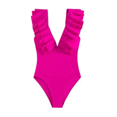One Piece Ruffled V Neck Swimwear for Women Rose / S