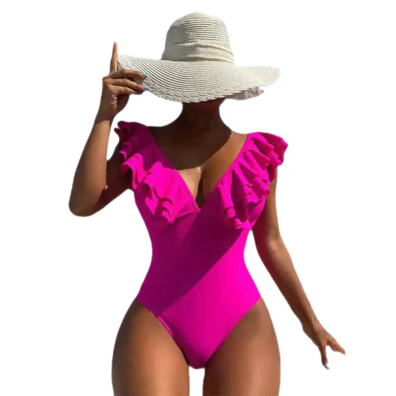 One Piece Ruffled V Neck Swimwear for Women
