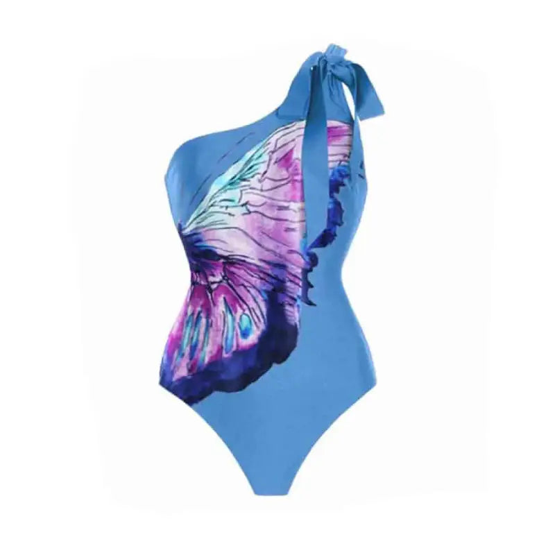 One Shoulder Butterfly Piece Cover Up Swimsuit Blue / S