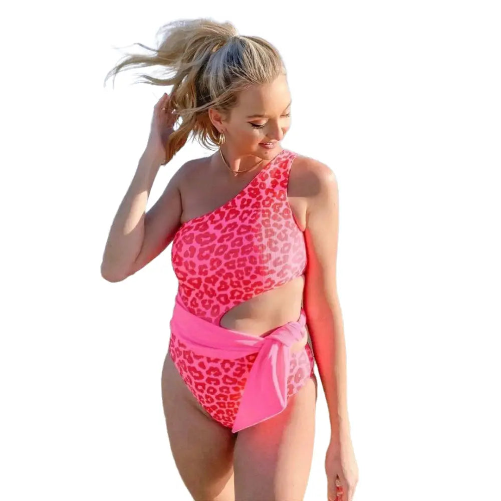 One-Shoulder Halter Push Up Swimsuit for Women Pink / S