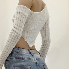 One Shoulder Long Sleeve Trim Crop Top