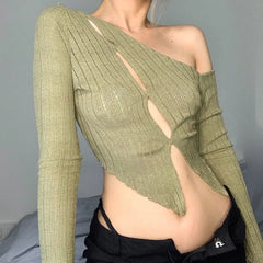 One Shoulder Long Sleeve Trim Crop-Top