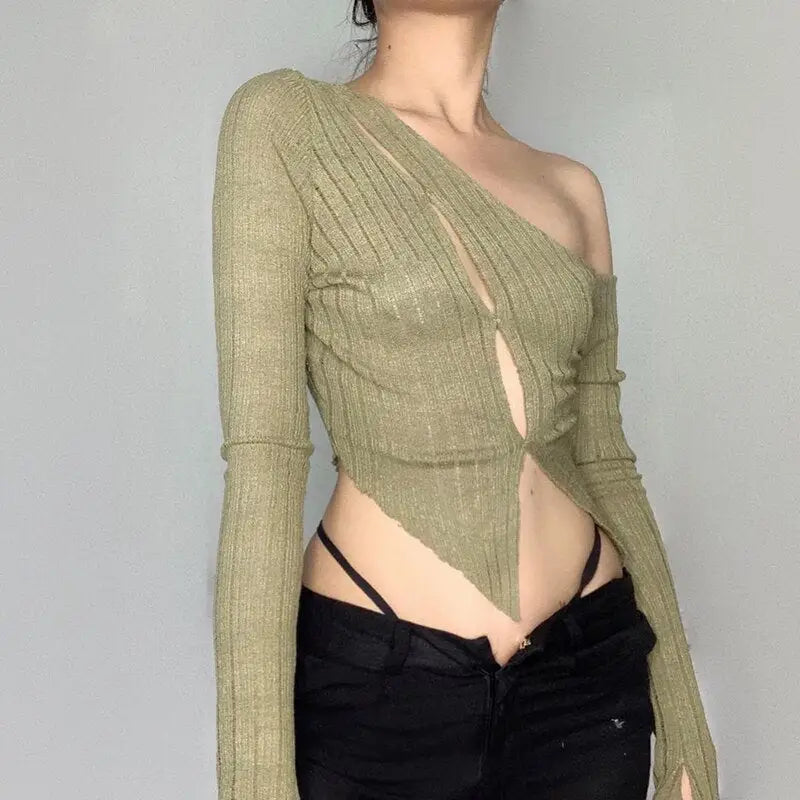 One Shoulder Long Sleeve Trim Crop Top Green / S