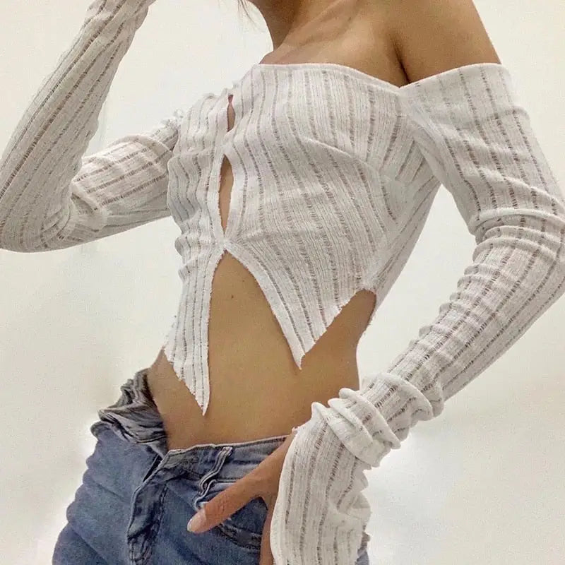 One Shoulder Long Sleeve Trim Crop Top White / S
