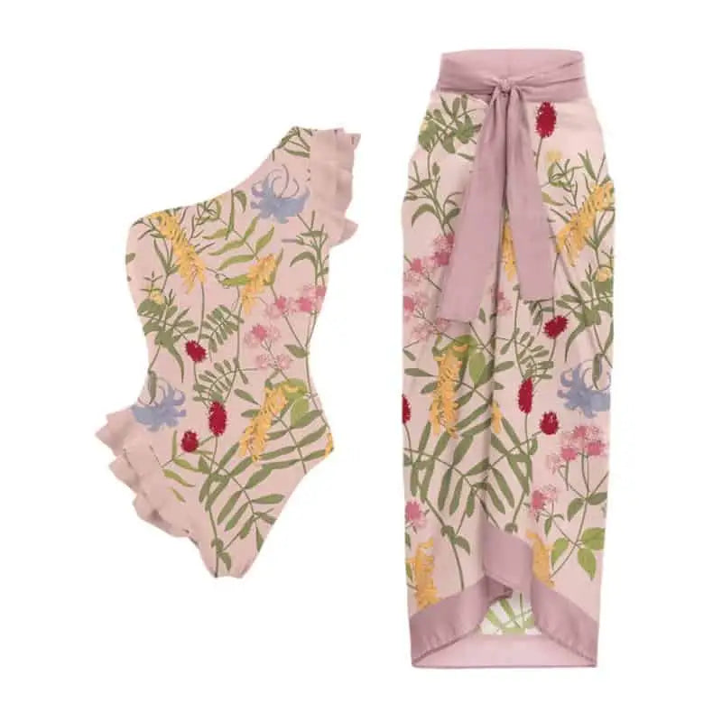 One Shoulder Ruffled Floral Piece Skirt Swimsuit
