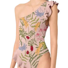 One Shoulder Ruffled Floral Piece Skirt Swimsuit