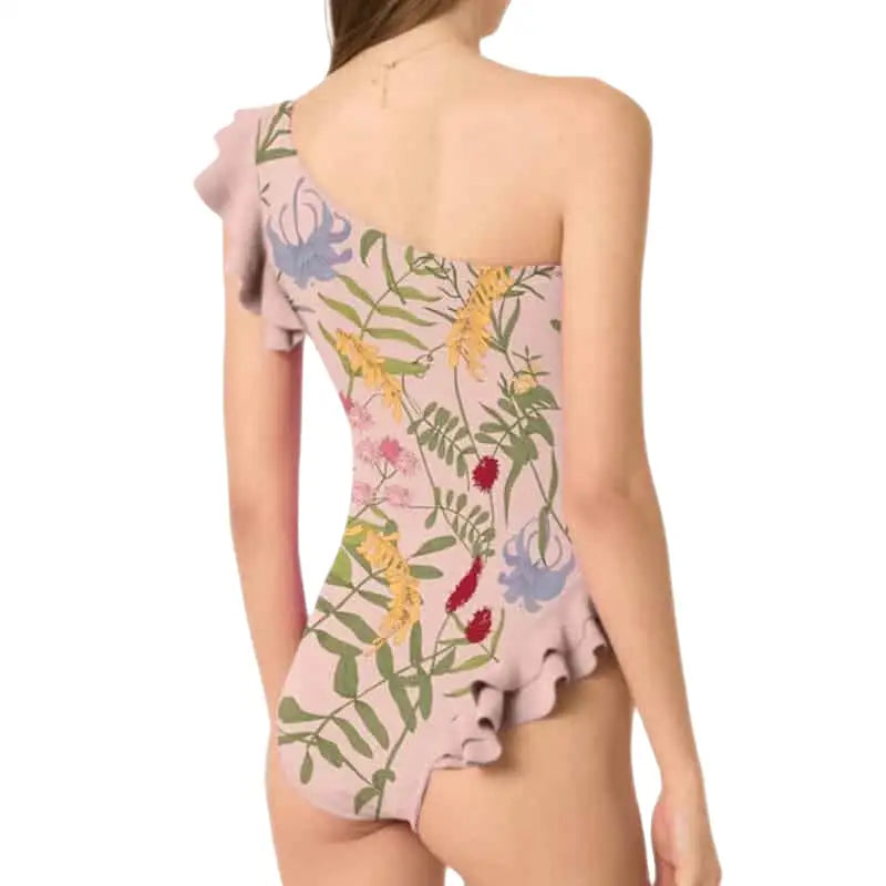 One Shoulder Ruffled Floral Piece Skirt Swimsuit - One-Piece