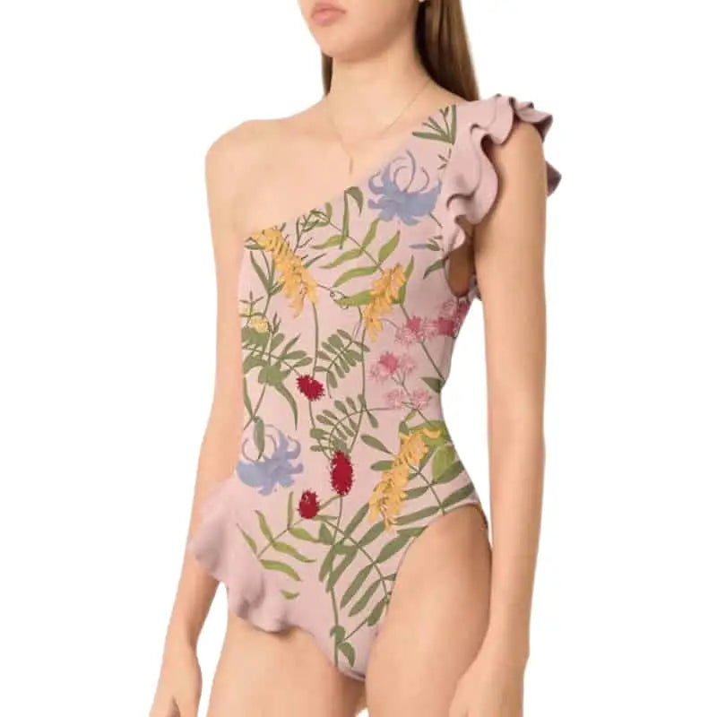 One Shoulder Ruffled Floral Piece Skirt Swimsuit Pink / S