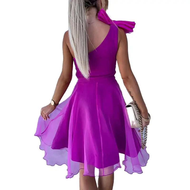 One Shoulder Tie Backless Stitching Ruffle Mesh Dress