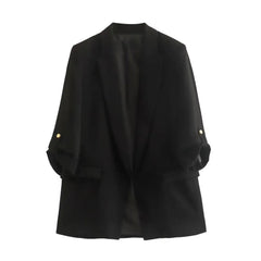 Open Stitching Roll Up Three Quarter Sleeve Blazer - Black