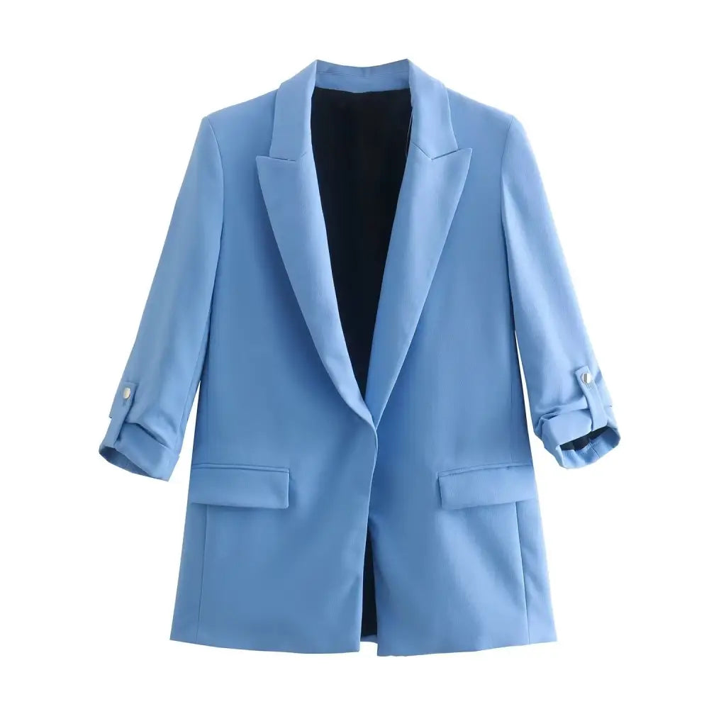 Open Stitching Roll Up Three Quarter Sleeve Blazer - Blue