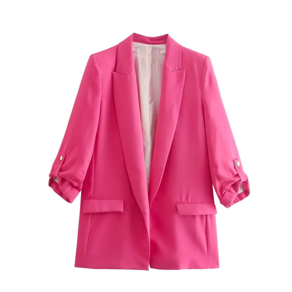 Open Stitching Roll Up Three Quarter Sleeve Blazer - Pink