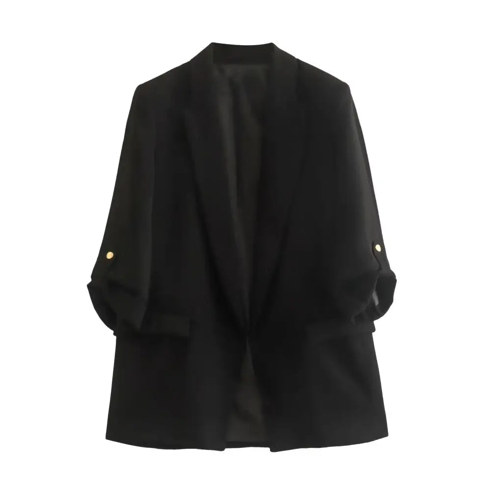 Open Stitching Three Quarter Sleeve Blazer Black / XS