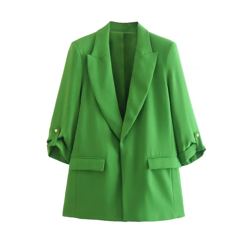 Open Stitching Three Quarter Sleeve Blazer Green / XS