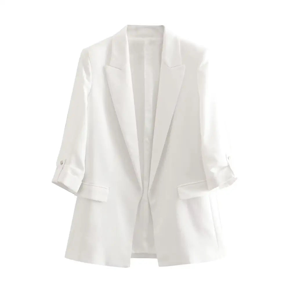 Open Stitching Three Quarter Sleeve Blazer White / XS