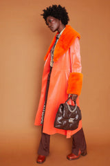 Orange Faux Suede Trench Coat with Fur Collar and Cuffs