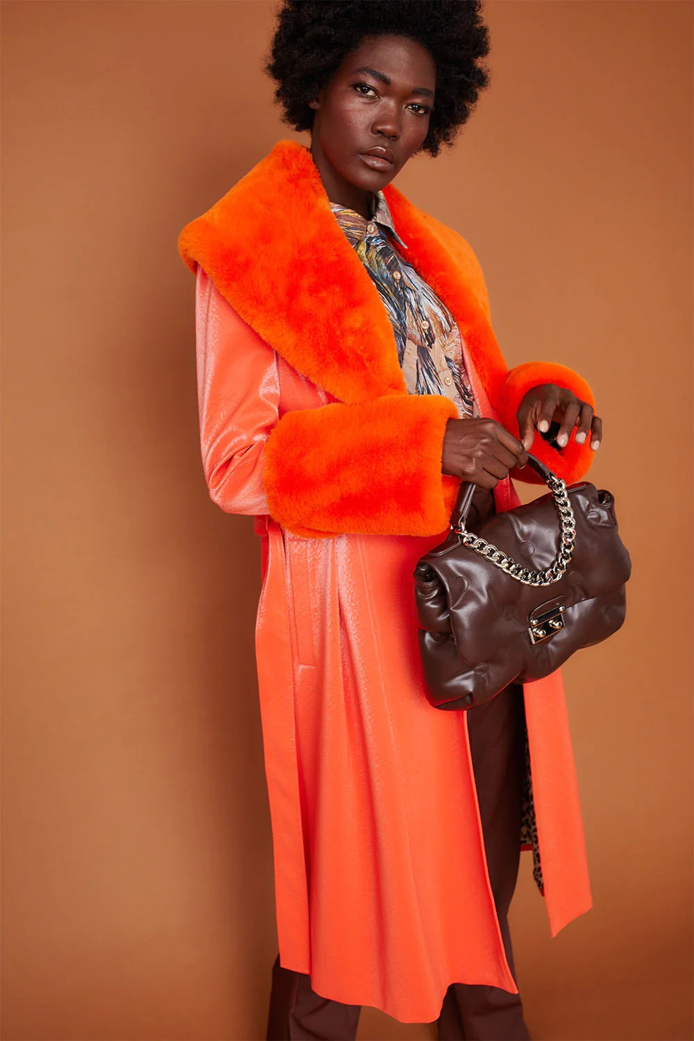 Orange Faux Suede Trench Coat with Fur Collar and Cuffs