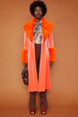 Orange Faux Suede Trench Coat with Fur Collar and Cuffs S-M
