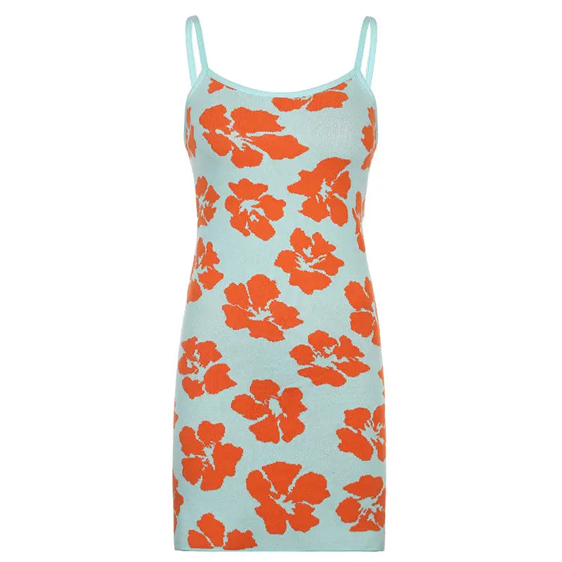 Orange Floral Knitted With Open Back Mini Dress