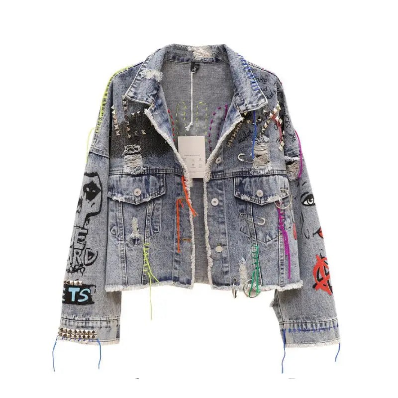 Ouc Embroidery Denim Jacket with Graffiti Design Blue