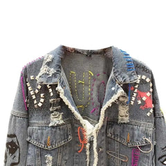 Ouc Embroidery Denim Jacket with Graffiti Design Blue