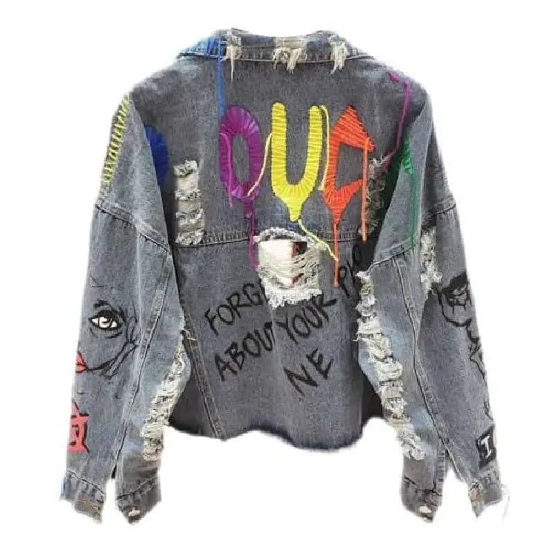 Ouc Embroidery Denim Jacket with Graffiti Design Blue