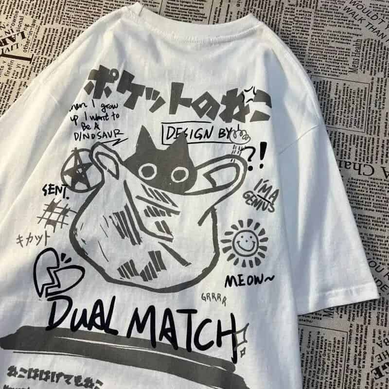 Oversize Cartoon Cat Dual Match T-Shirts