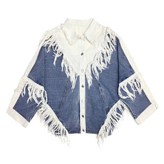 Oversize Color Block Frayed Denim Shirt