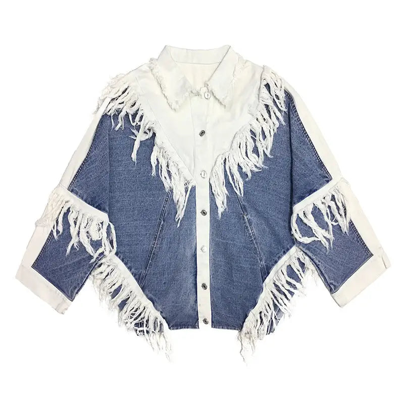 Oversize Color Block Frayed Denim Shirt Light Blue Dark / S