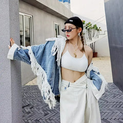 Oversize Color Block Frayed Denim Shirt Light Blue Dark