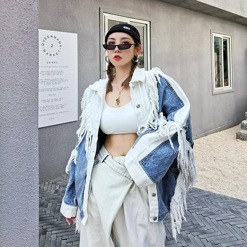 Oversize Color Block Frayed Denim Shirt Light Blue Dark