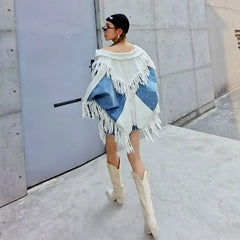 Oversize Color Block Frayed Denim Shirt Light Blue Dark
