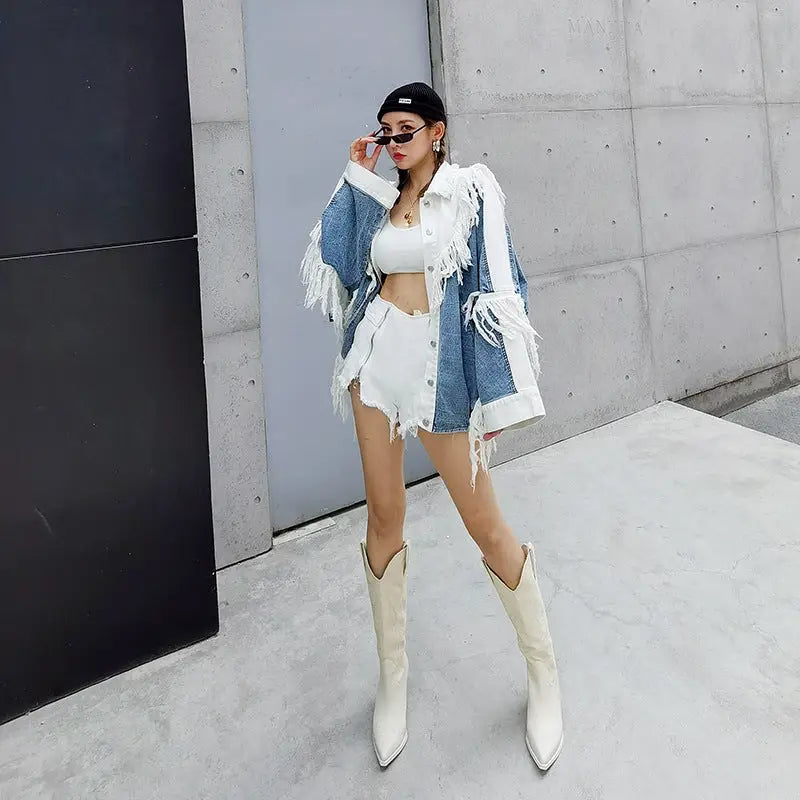 Oversize Color Block Frayed Denim Shirt Light Blue Dark