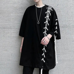 Oversize Drawstring Splice Short Sleeve T-shirt - Black / M