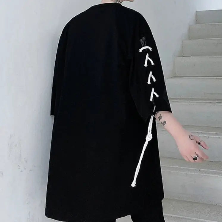 Oversize Drawstring Splice Short Sleeve T-shirt - T-Shirt