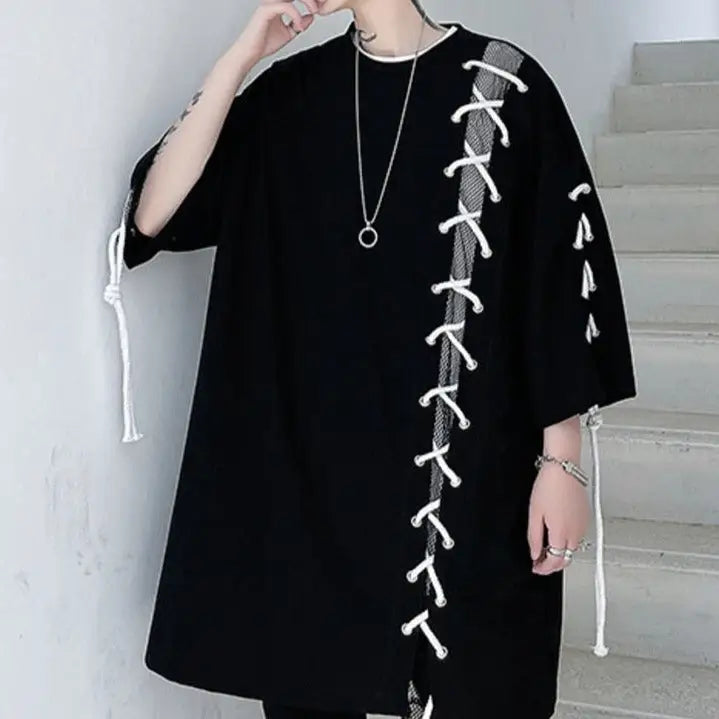 Oversize Drawstring Splice Short Sleeve T-shirt - T-Shirt