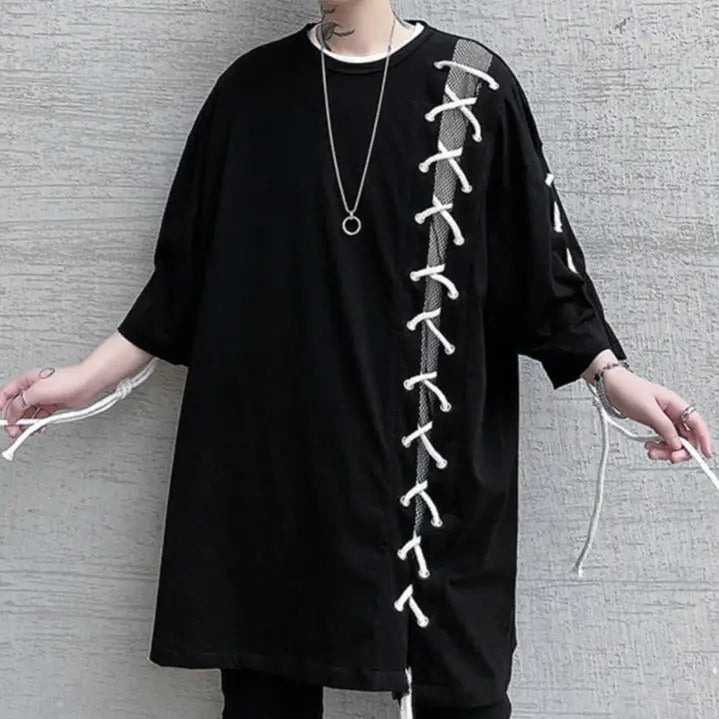 Oversize Drawstring Splice Short Sleeve T-shirt - T-Shirt