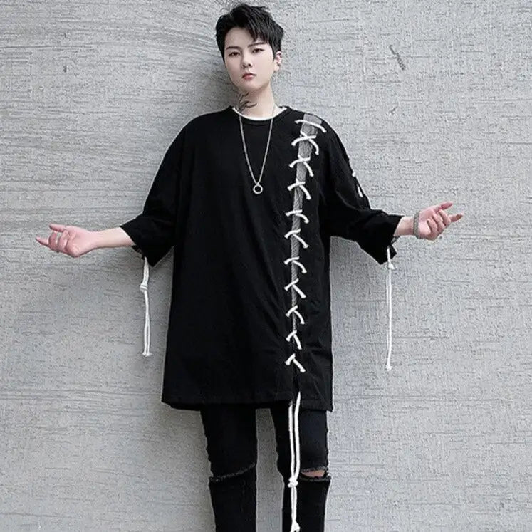 Oversize Drawstring Splice Short Sleeve T-shirt