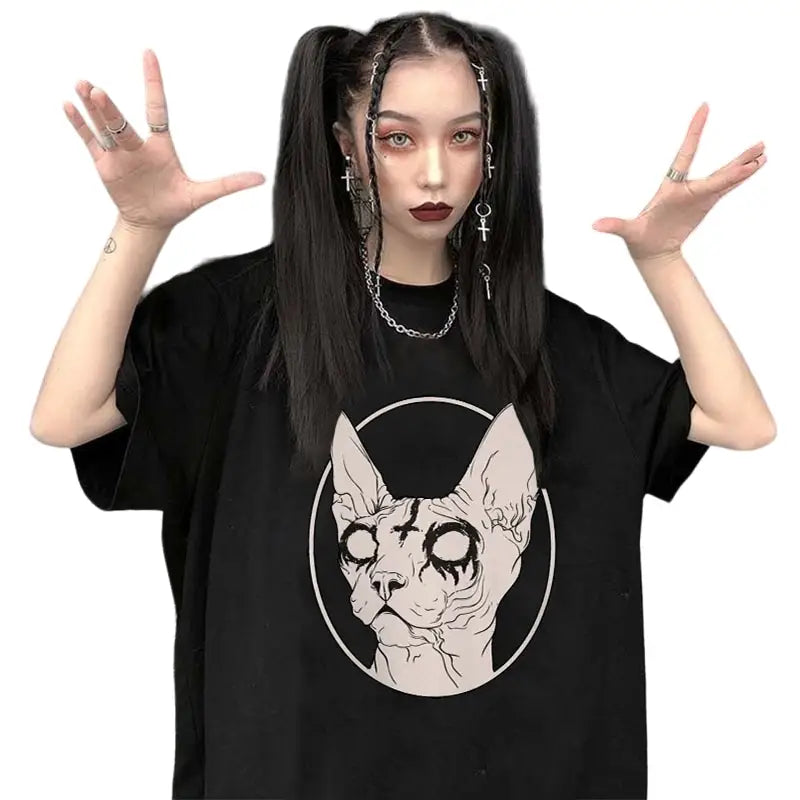 Oversize Harajuku Sphynx Cat Print T Shirts