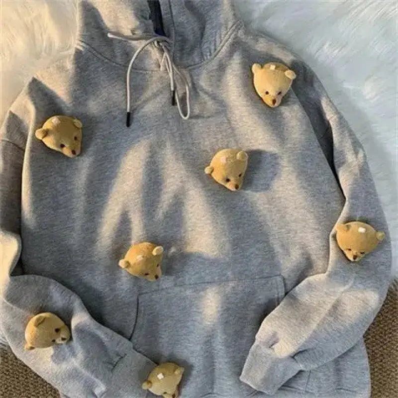 Oversize Hoodie with Cute Bear Doll Design Gray / M
