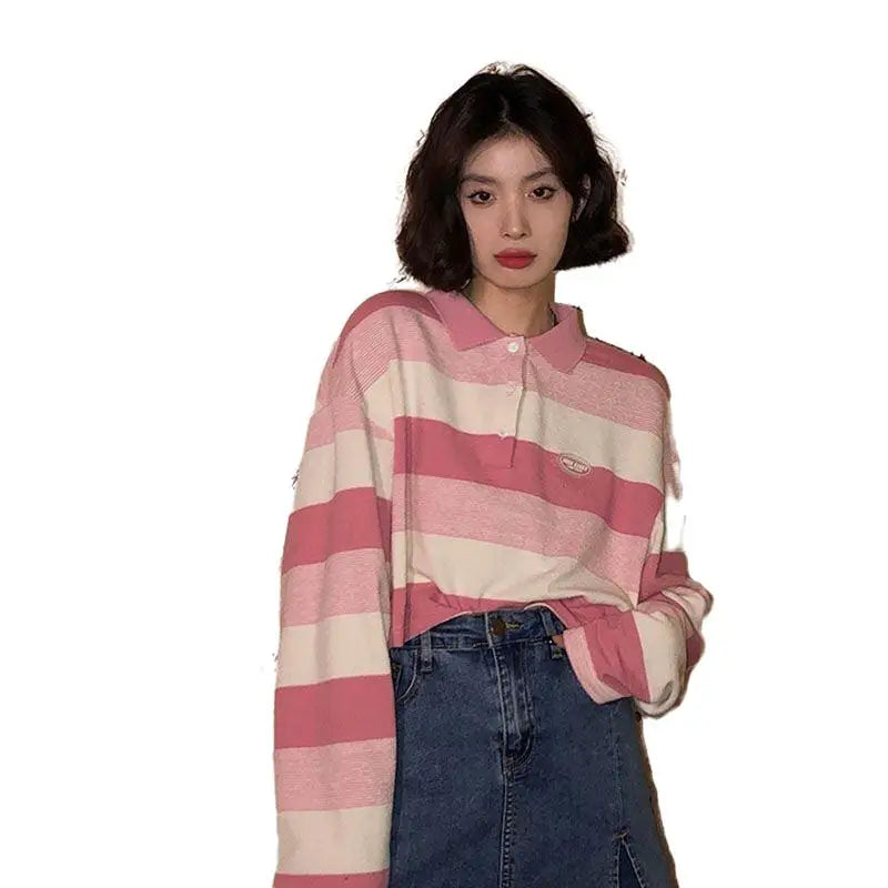 Oversize Polo Neck Striped Sweatshirt for Everyday Wear