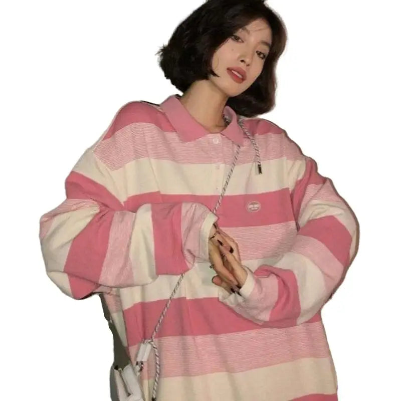 Oversize Polo Neck Striped Sweatshirt for Everyday Wear