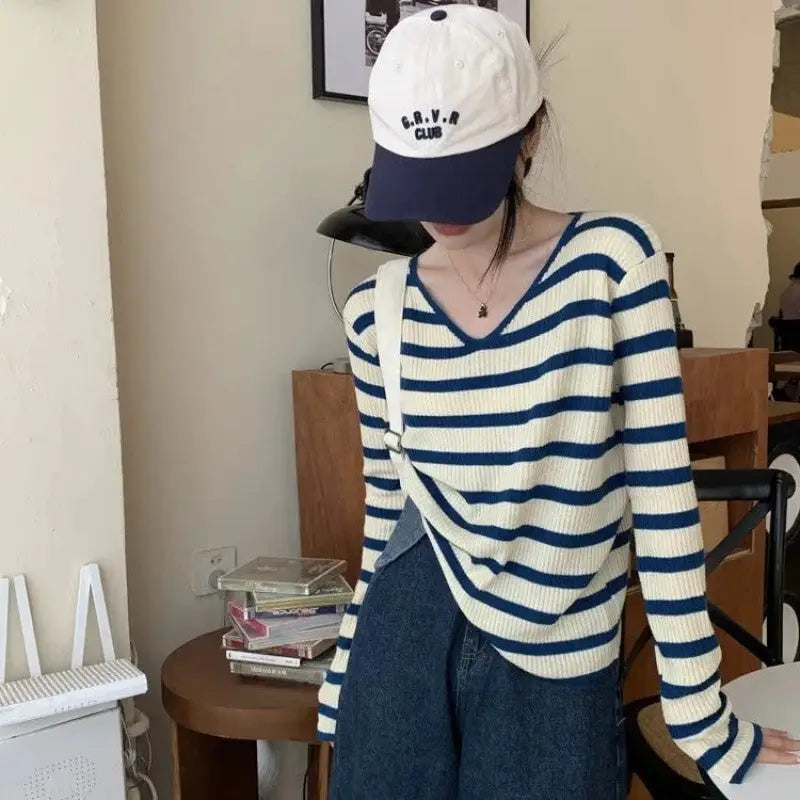 Oversize Stripe Long Sleeve V-Neck Knitted Sweater