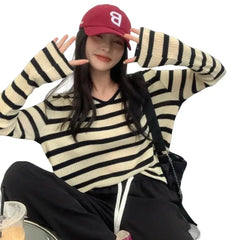 Oversize Stripe Long Sleeve V-Neck Knitted Sweater