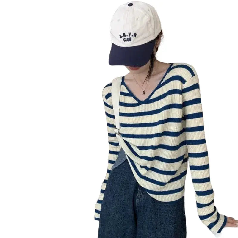 Oversize Stripe Long Sleeve V-Neck Knitted Sweater - Blue